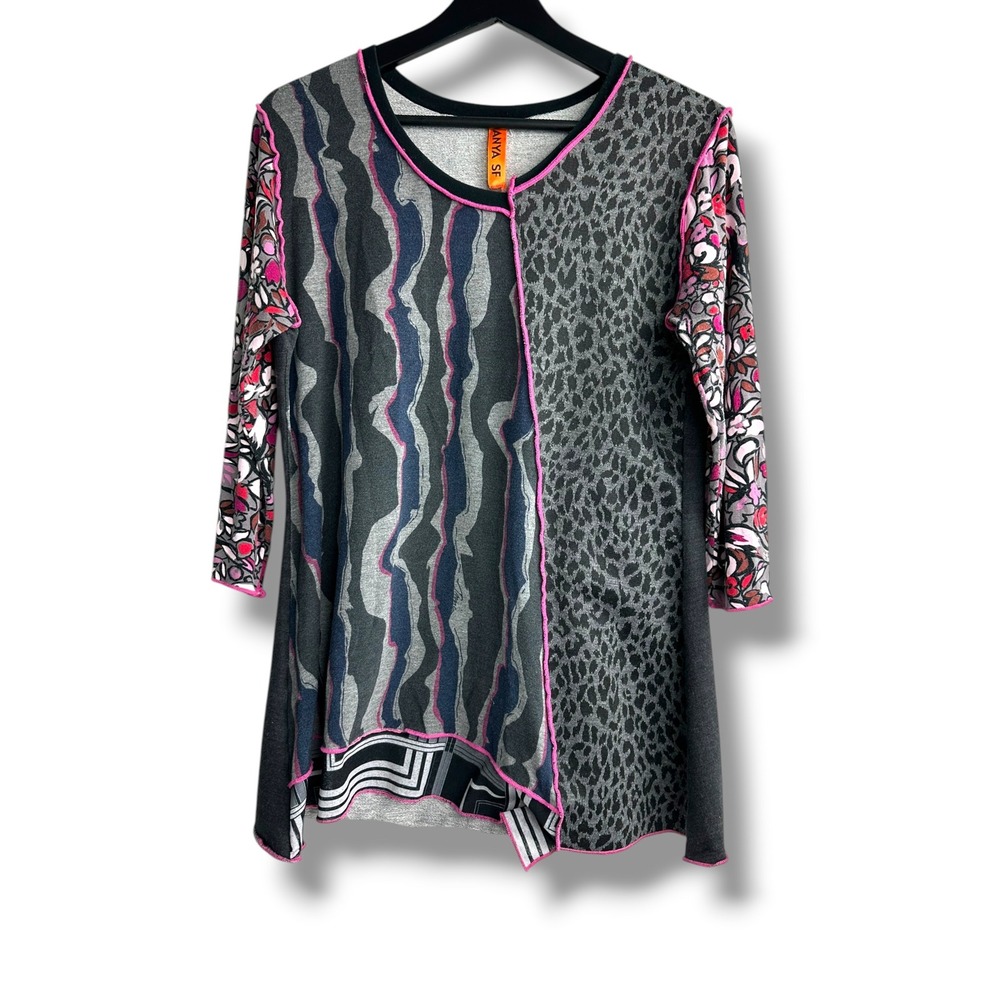 Anya SF Mixed Media Tunic Top Leopard Abstract Floral Pink Stitching Womens M